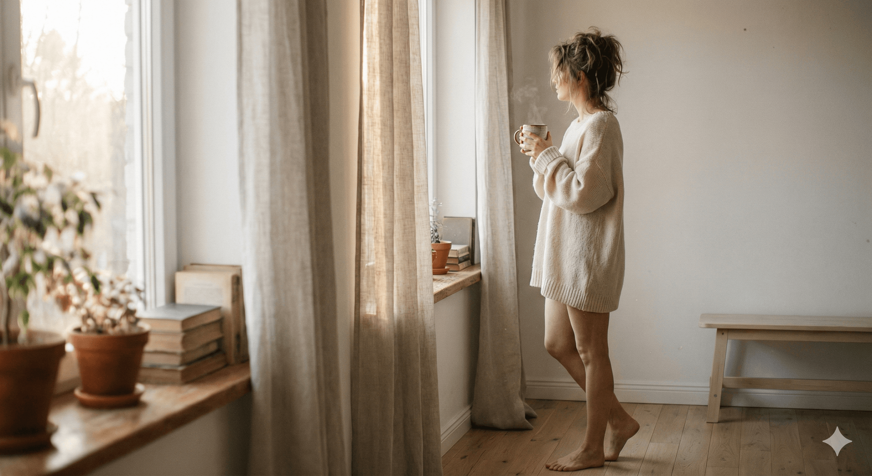 Woman in cozy knit sweater by a sunlit window