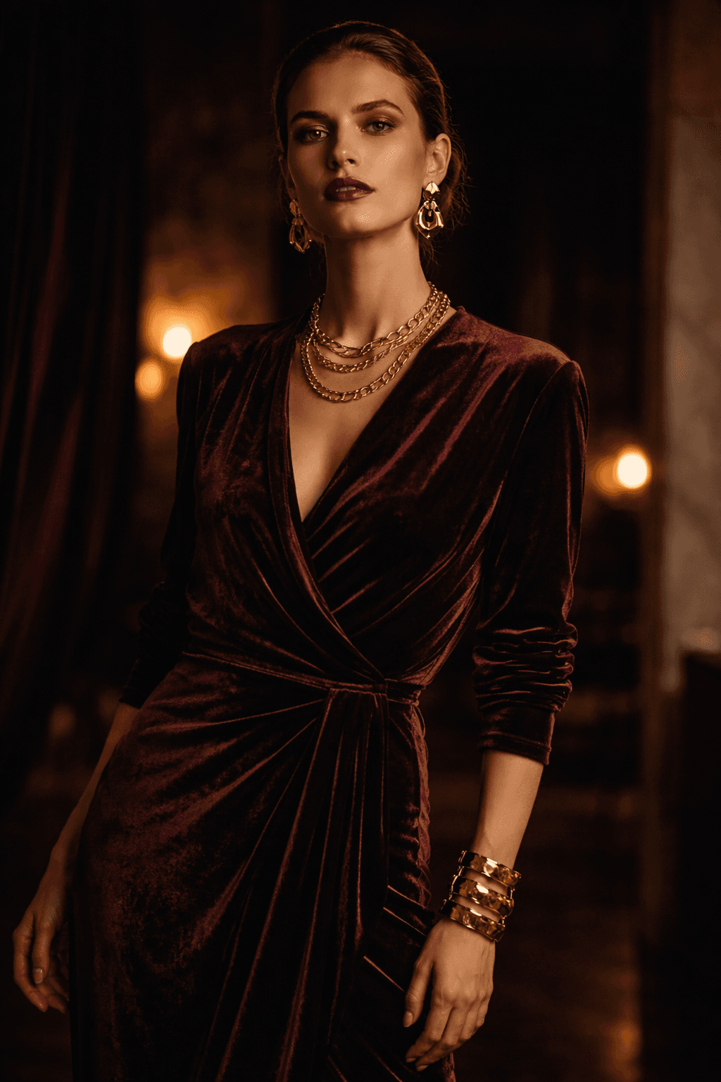 Model in velvet wrap dress with statement gold jewellery under moody lighting