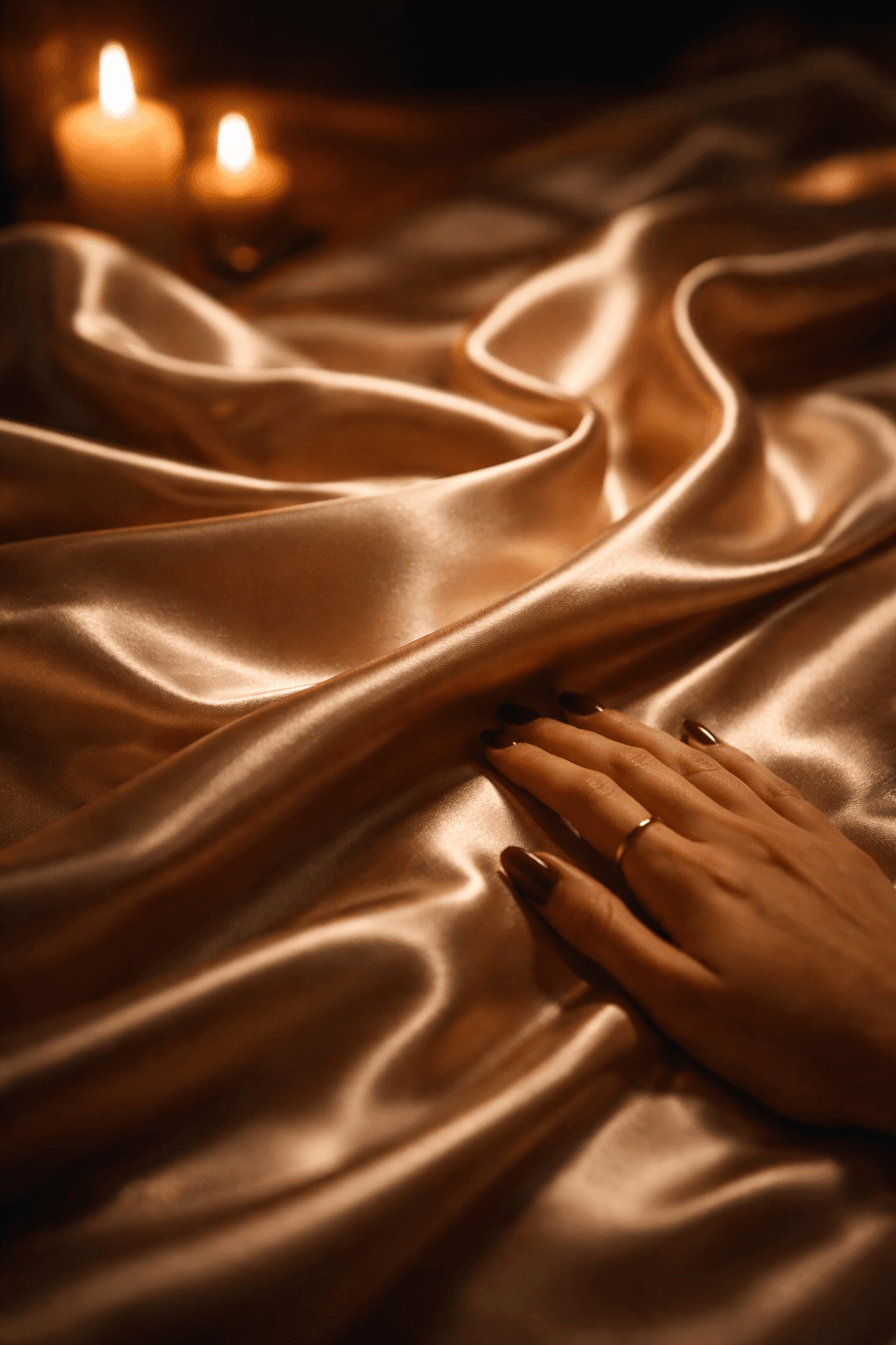 Detail shot of satin fabric catching candlelight