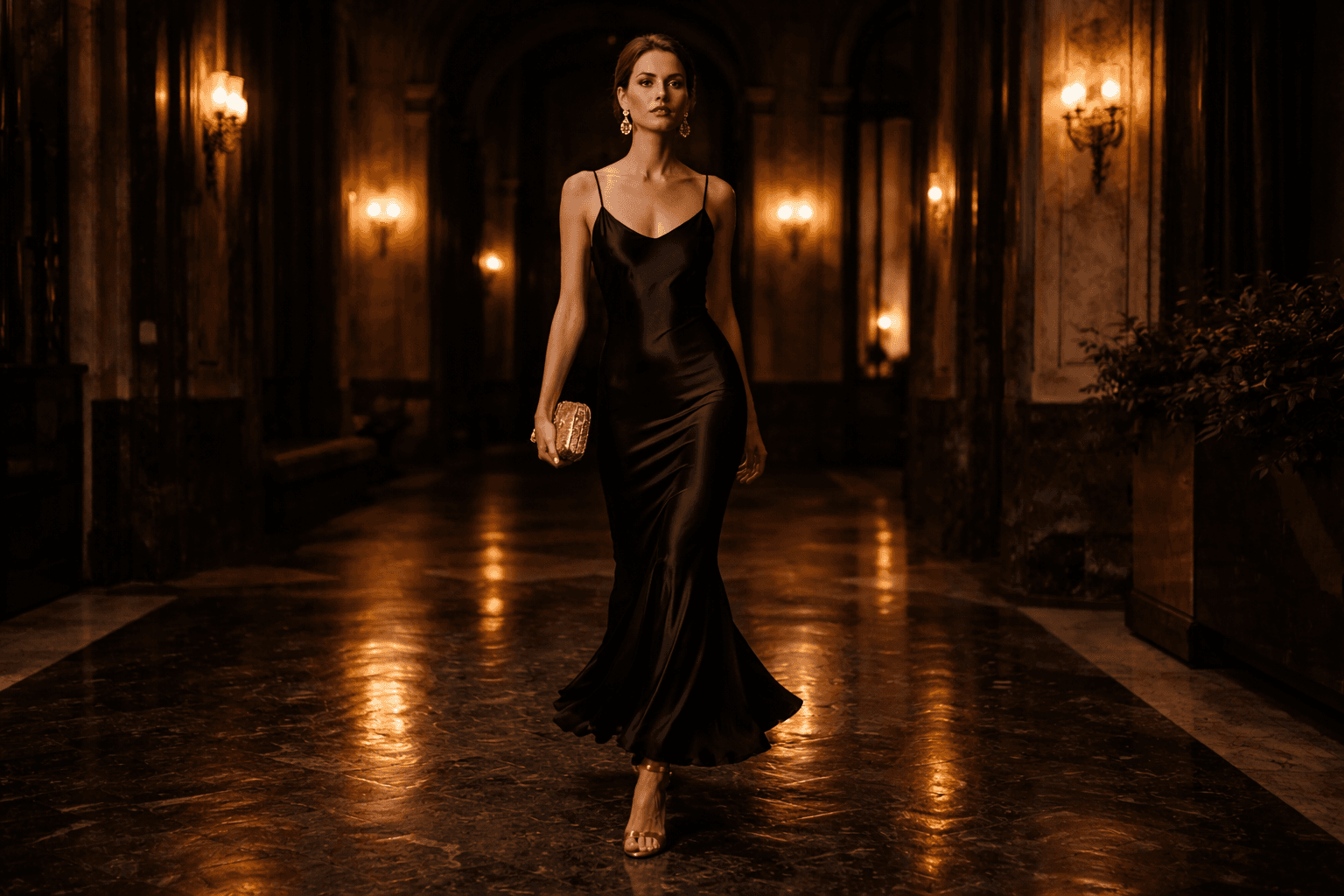 Full evening look with embellished clutch and strappy heels