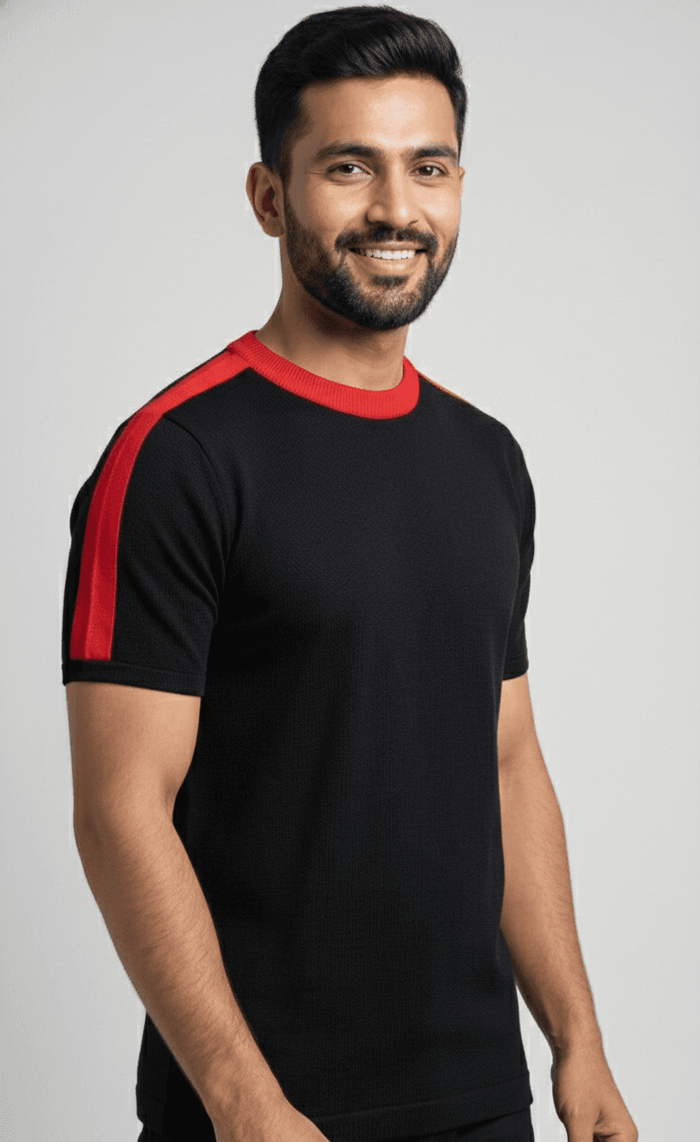 Black and red contrast knit tee - detail view