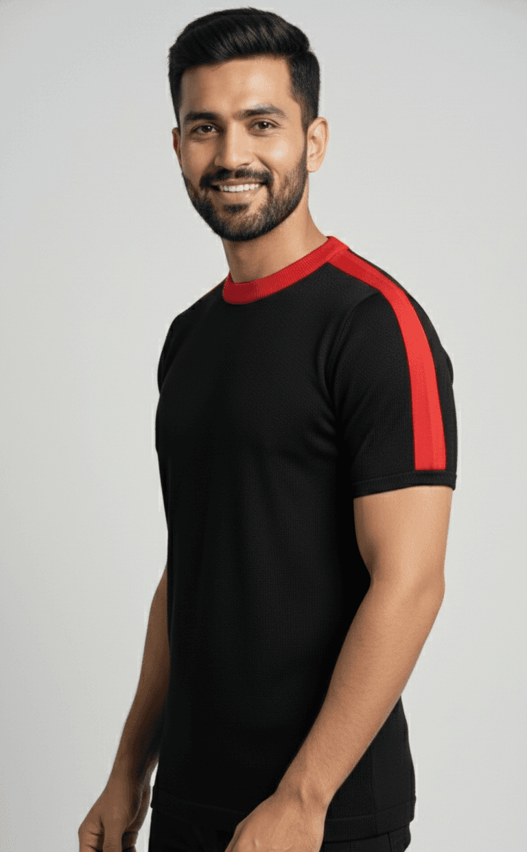 Black and red contrast knit tee - lifestyle view