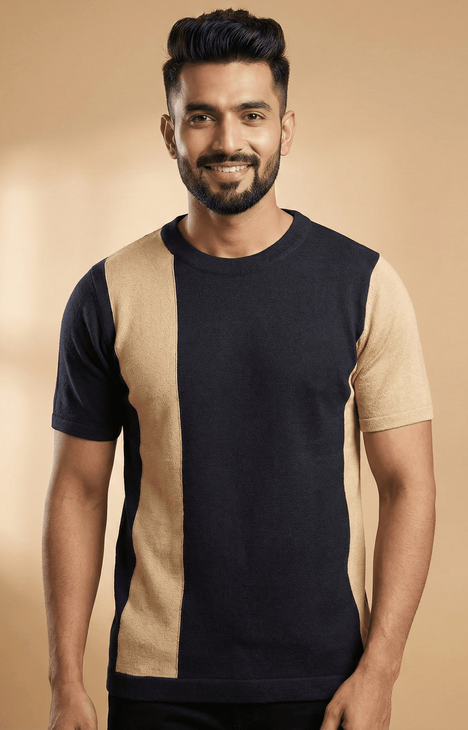 Man wearing navy and tan colorblock knit tee - front view
