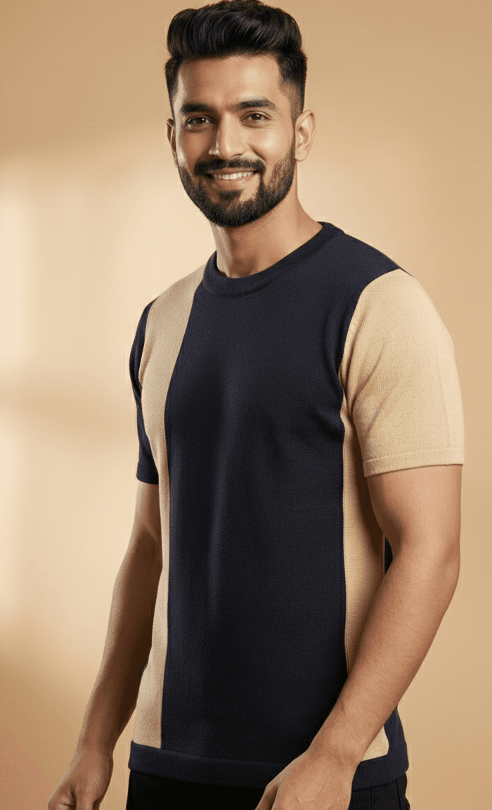 Navy and tan colorblock knit tee - detail view