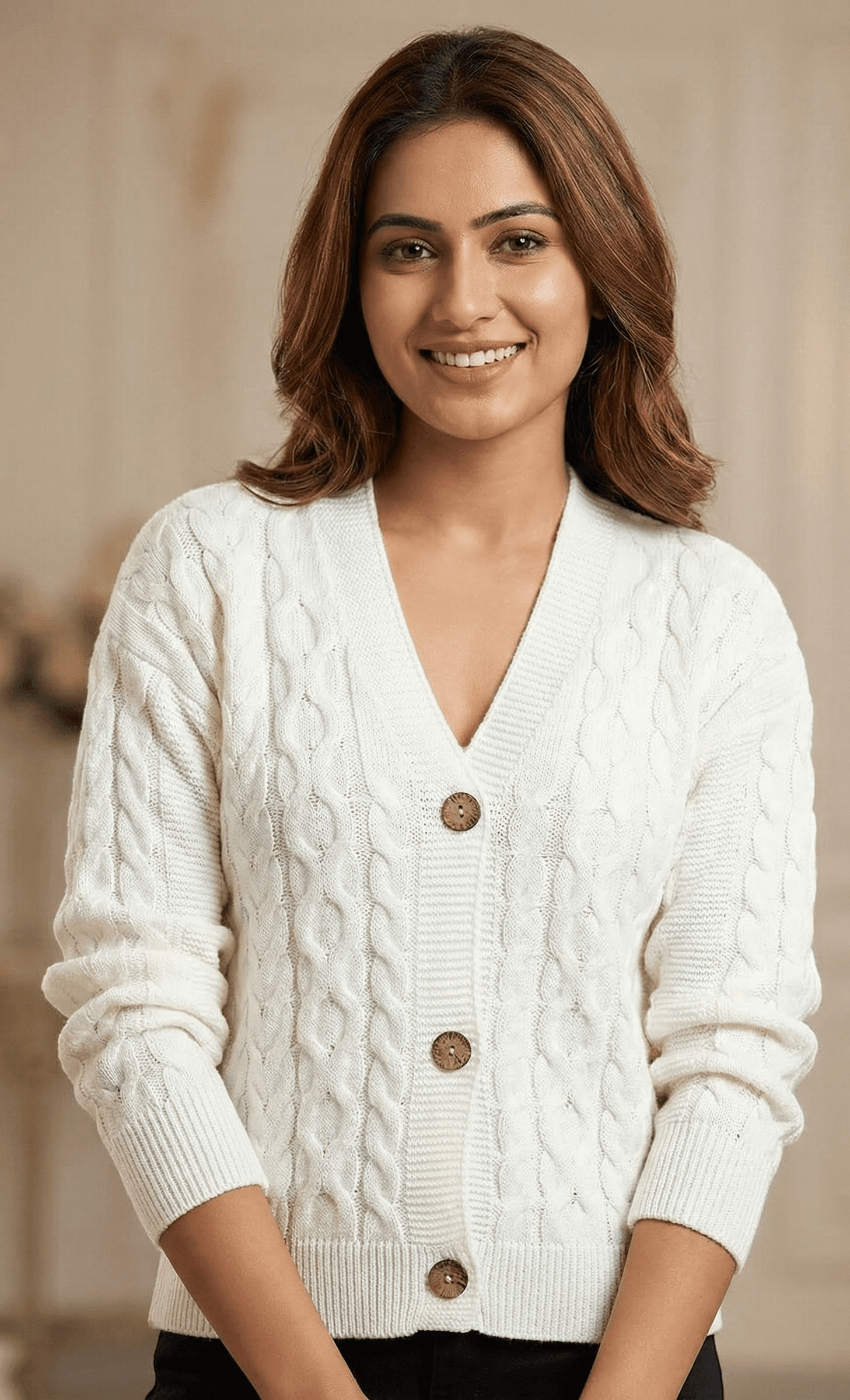 Woman wearing ivory cable knit cardigan - front view