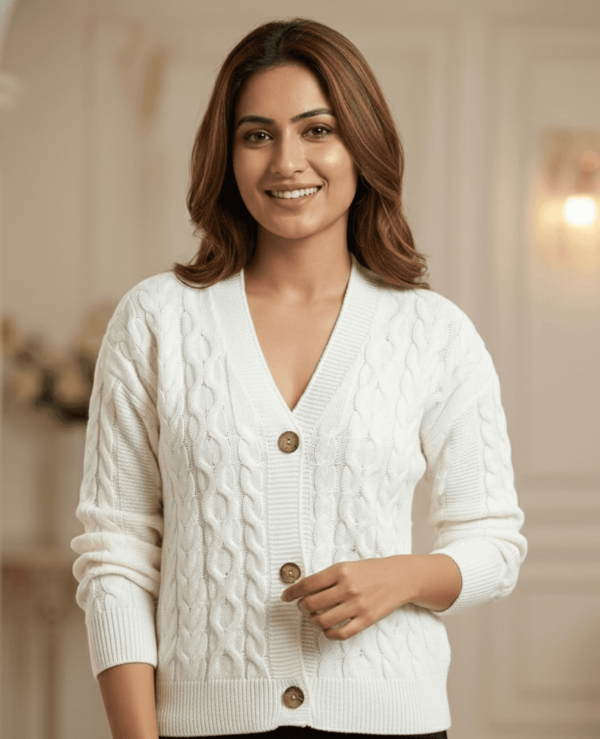 Ivory cable knit cardigan - detail view