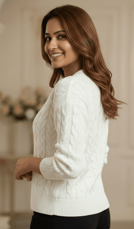 Ivory cable knit cardigan - lifestyle view